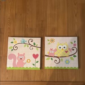 Charming Woodland Animal canvas Wall Art Set - Pink and Green 12x12